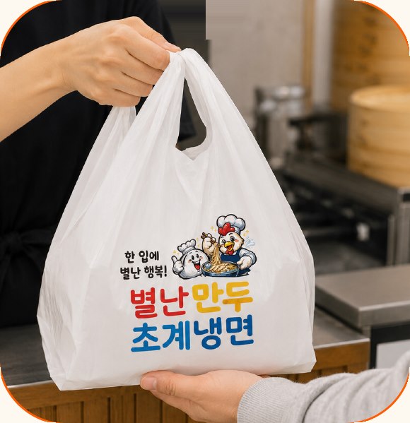 별난만두 초계냉면 포장 봉투를 건네는 모습